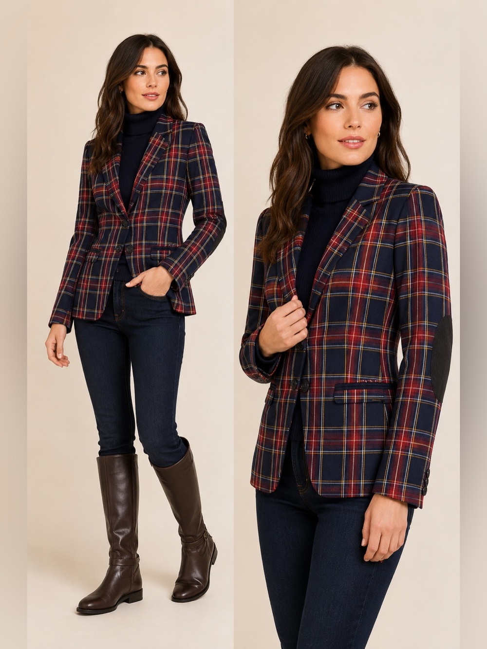 Tommy Hilfiger Navy and Red Plaid Tailored Blazer with Elbow Patches